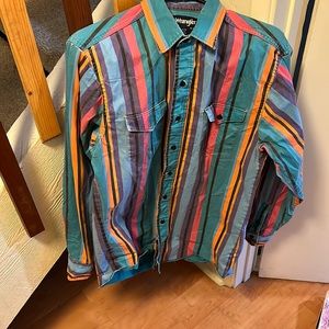 Vintage Wrangler Shirt Men 16-35 Blue Brushpopper Western Button Long Tail Rodeo